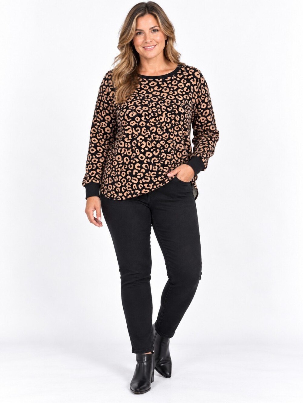 Kate Spade Leopard Print Plush Sweatshirt Top Black Tan XL